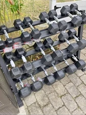 5-50 LB Rubber Hex Dumbbell Set with Rack – 10 Pair, 550 lbs, Free Shipping