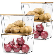 4 Pack Pantry Organizers and Storage with Lids and Handle, Clear Plastic Stac...