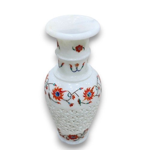 Vaso intarsiato in marmo di lusso - opera d'arte Pietra Dura floreale fatta a mano - decorazione artigianale - Foto 4 di 6