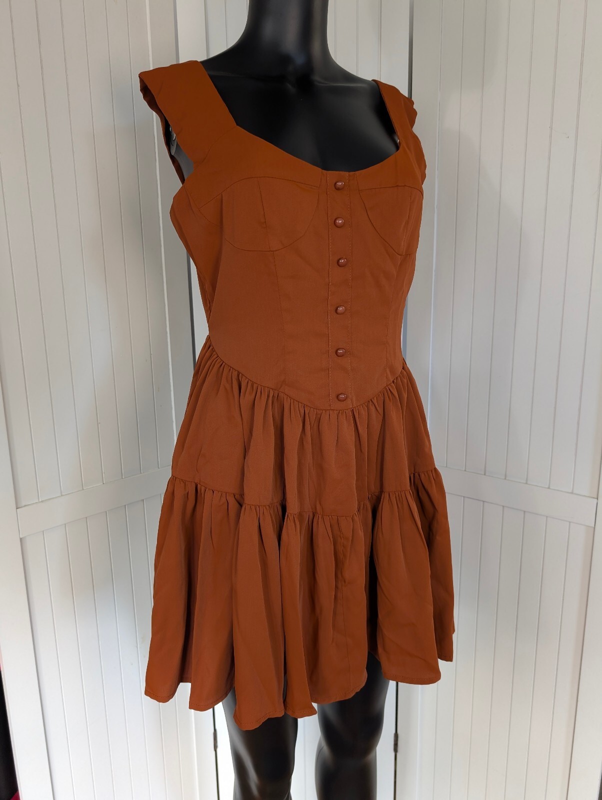 Cider Rust Brown Mini Dress Women's Large Corset Tiered Babydoll Cottagecore NWT