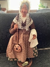 VTG French Santo De Provence Terracotta Old Women W/ Bed Warmer Signed Handcraft