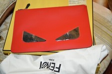 FENDI BAG BUGS MONSTER EYE SLIM POUCH ZIP CLUTCH RED LEATHER NIB