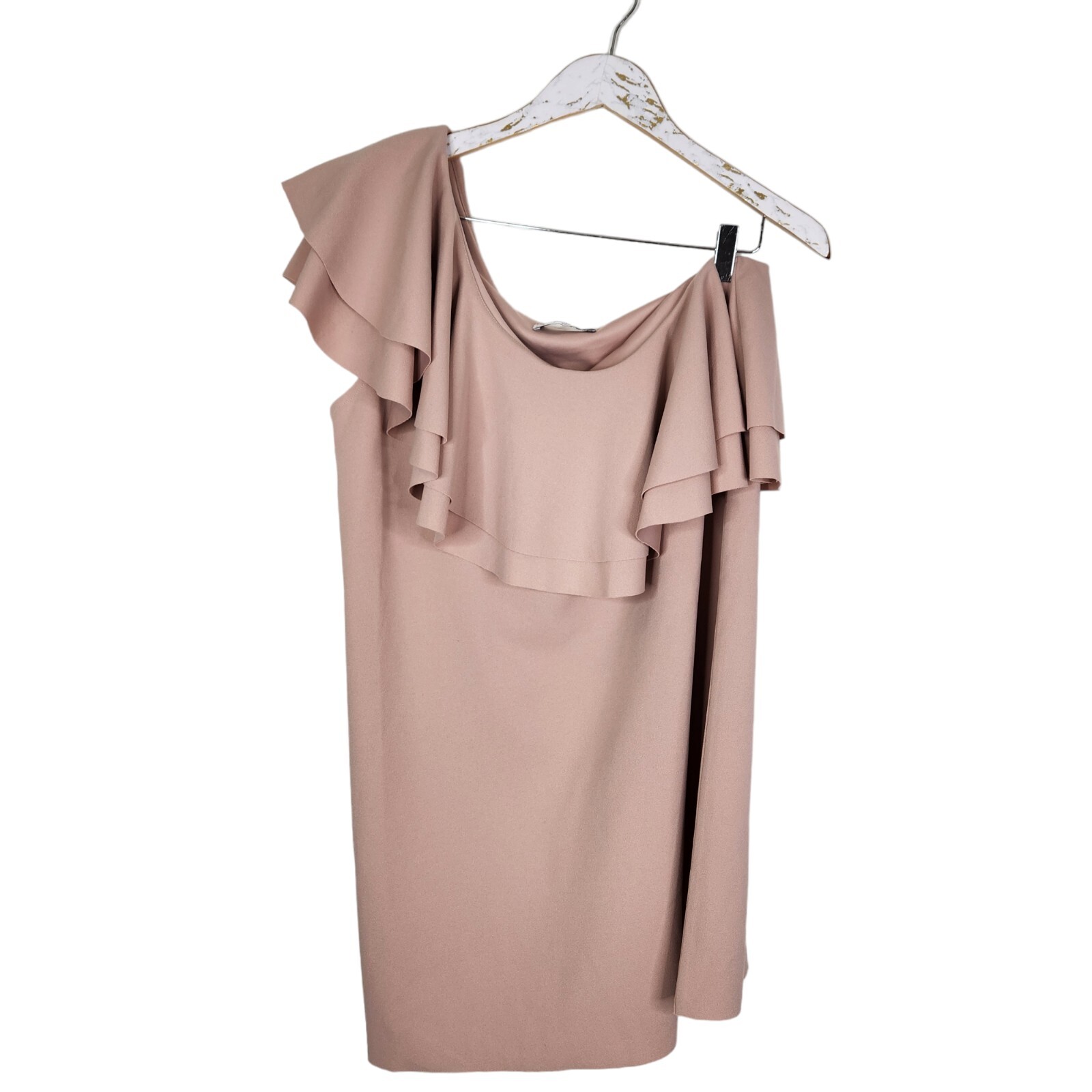 MANGO Dress Womens Medium Pink Villa Asymmetrical Ruffle One Shoulder Dress