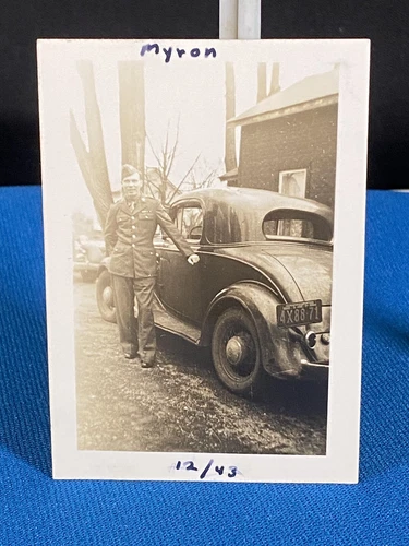 Man in Military Uniform by Old Car Oneida New York WWII Era 1943 Vintage Photo