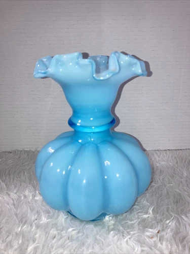 Vtg Fenton Glass Blue Overlay Large Melon vase 8” Pre Fenton Logo. No Chips