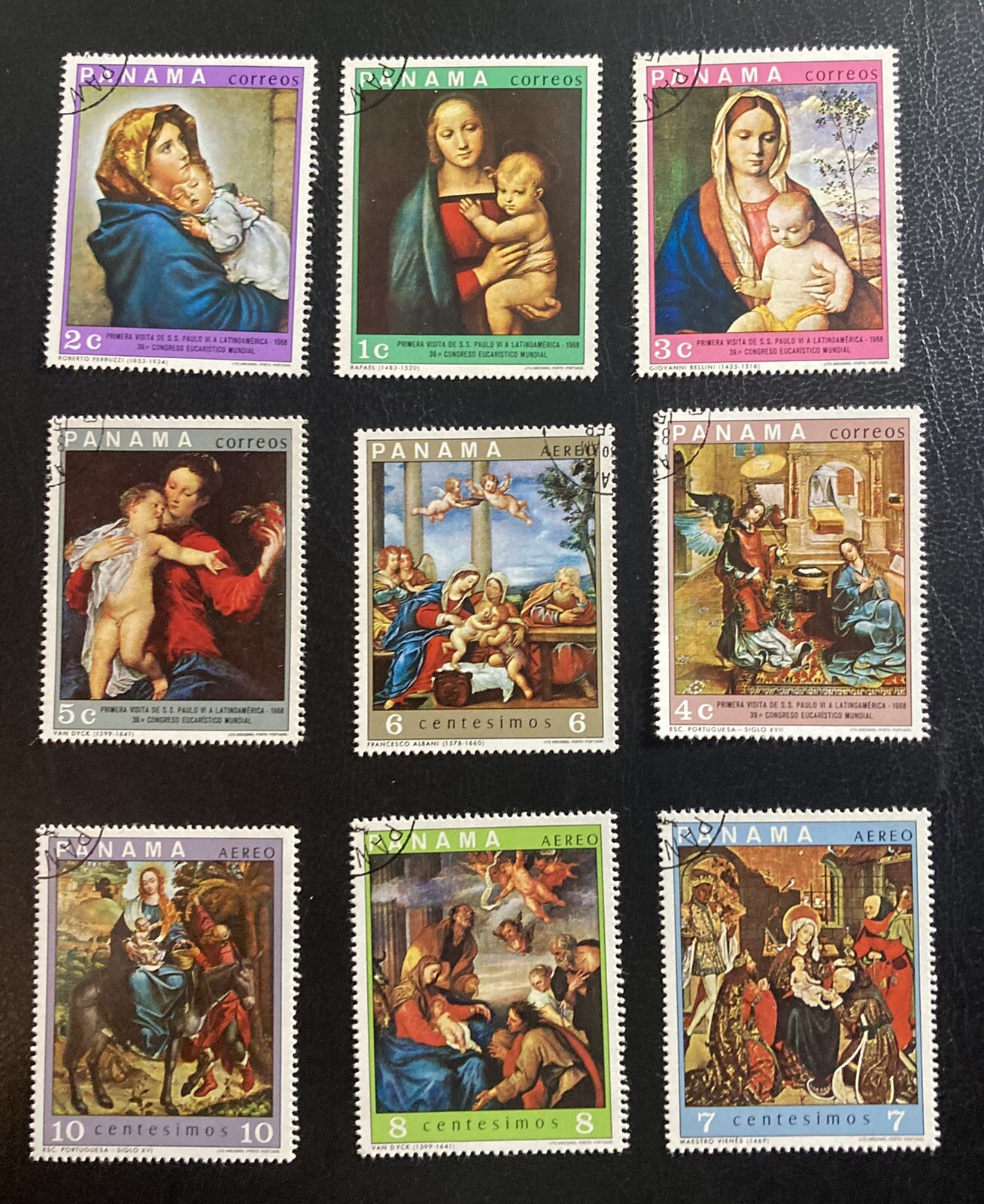Panamá: Complete set of 9, used "Christmas Paintings"  Lot # 10-061105