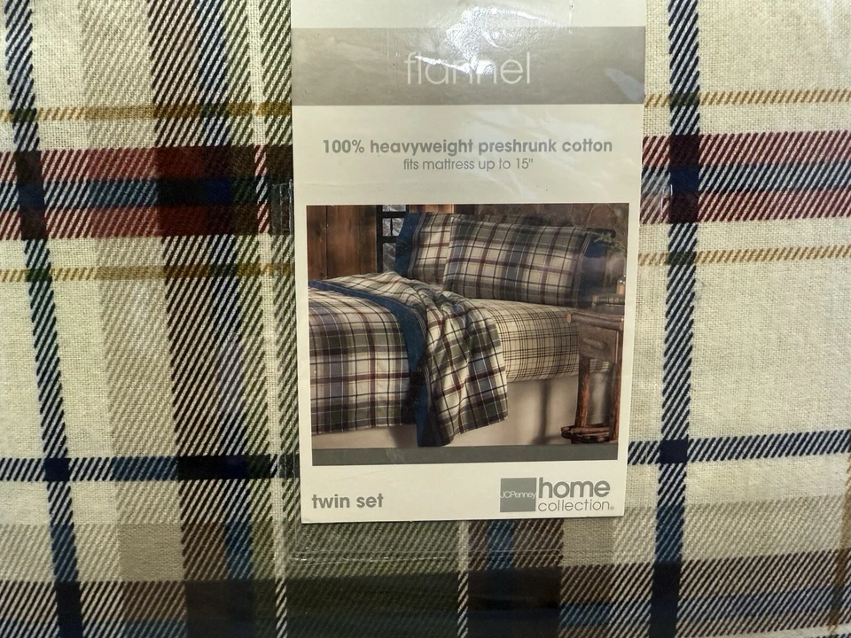Vtg JCPenney Home Flannel Lodge Plaid Sheet Set Twin Size 100% Preshrunk Cotton - Image 2 of 4