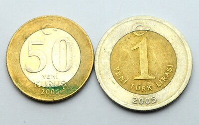 TURKEY 50 KURUS + 1 LIRA 2005 BI-METALIC OLD COINS LOT