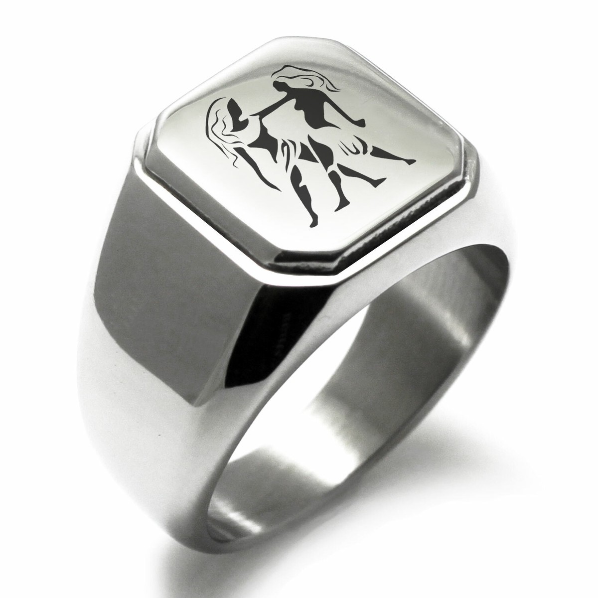 Stainless Steel Gemini Astrology Icon Mens Square Biker Style Signet Ring