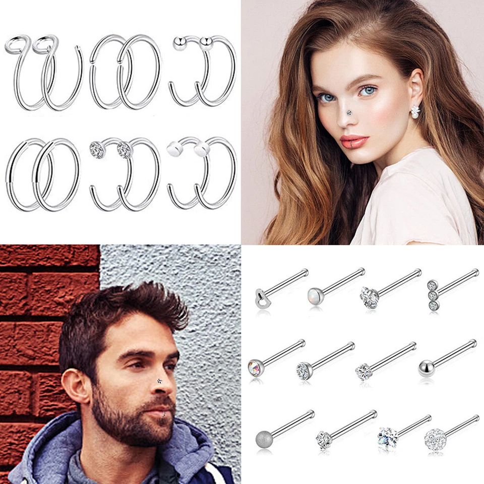 Anillo de nariz de acero quirúrgico 16-32 piezas aro hueso recto perno de nariz perno circonita cúbica 20G Foto 2 de 4