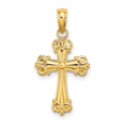 10k Yellow Gold Cross W/ Scroll Tips and Button Center Charm Pendant Mother Gift