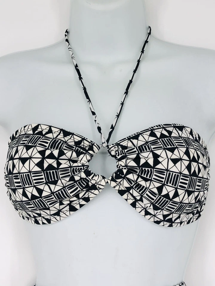 Roxy Swim Bikini Bathing Suit Bandeau Top L Bottom M Black White Geometric - Изображение 3 из 4