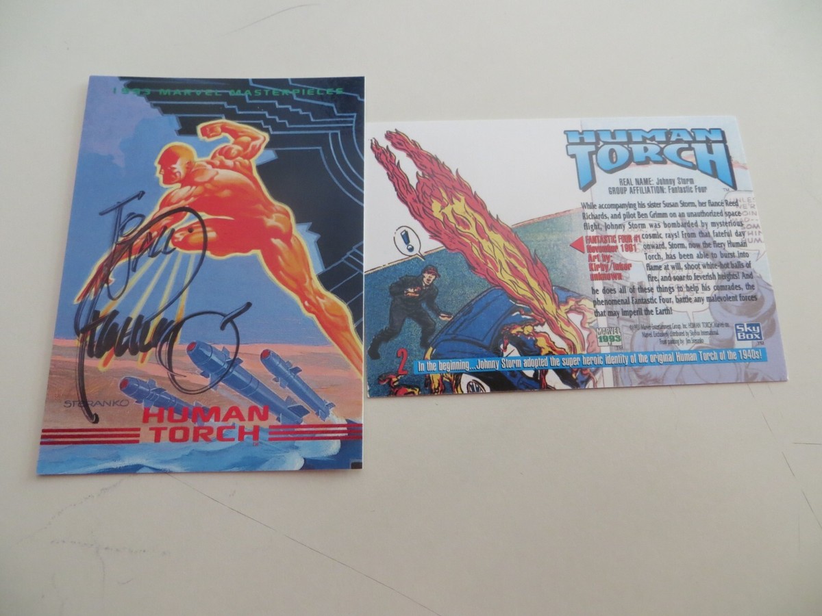 1993 SKYBOX MARVEL MASTERPIECES II FF, HUMAN TORCH CARD SIGNED JIM