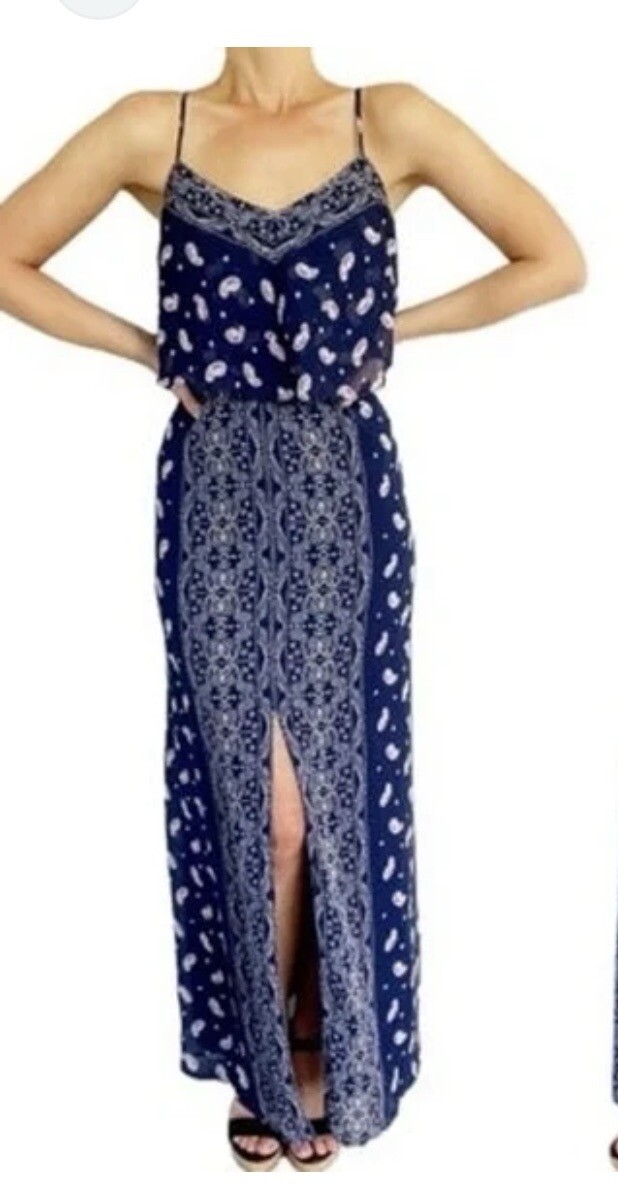 Princess Vera Wang Blue Maxi Dress Paisley Print Strappy Front Slit Size XL