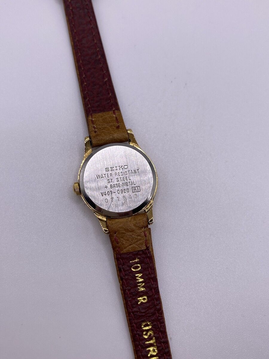 Vintage Seiko V401-0920 Ladies Gold Tone Bezel Watch Leather Vintage Seiko V401-0920 Ladies Gold Tone Bezel Watch Leather