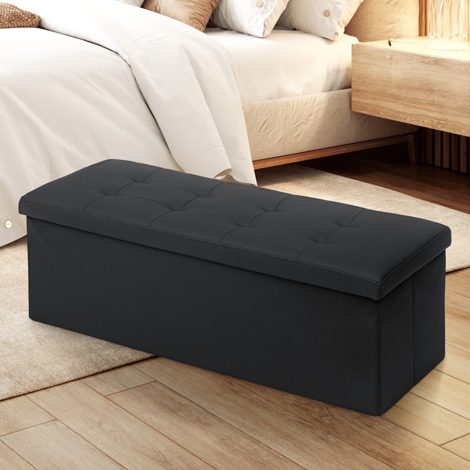 43" Black Storage Ottoman Rectangular Upholstered PU Leather Seat Lift Top Stool