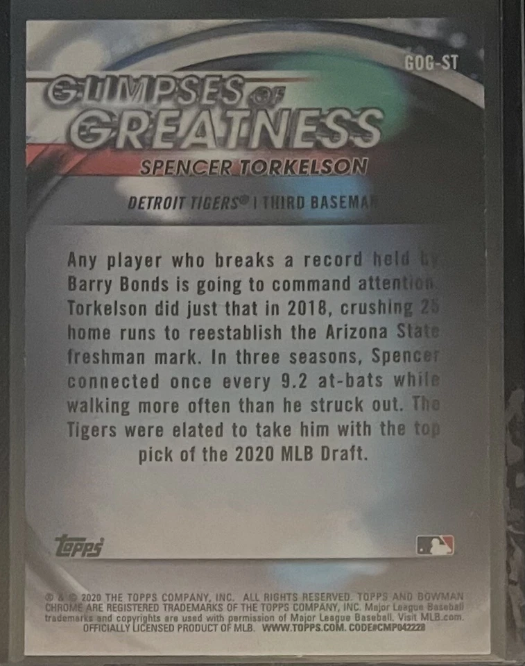2020 Bowman Draft Glimpses of Greatness Spencer Torkelson Detroit Tigers #GOG-ST - Image 2 of 2