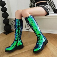 Sequins Womens Glitter Round Toe Lace Up Knee High Boots Stage Side Zip Shoes