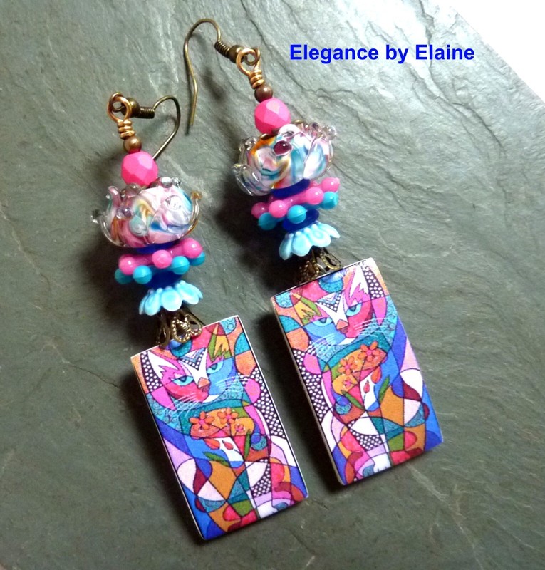 Psychedelic Cats Earrings Handmade Artisan Colorful Kitty Furbaby Catlover Felin