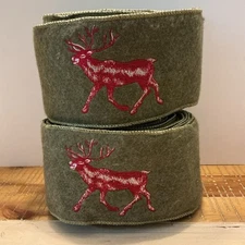 Christmas Holiday Trim A Tree Wire Edge Felt Ribbon Green w/Red Embroidered Deer