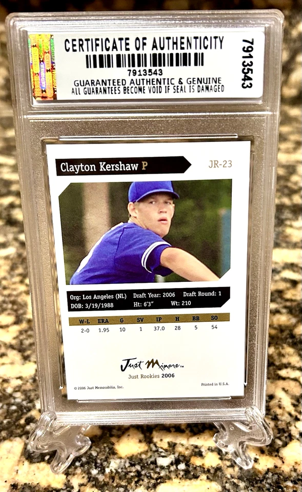 CLAYTON KERSHAW 2006 Just Minors GRADED GEM-MT 10 ROOKIE CARD #JR-23. COA! - Image 2 of 2