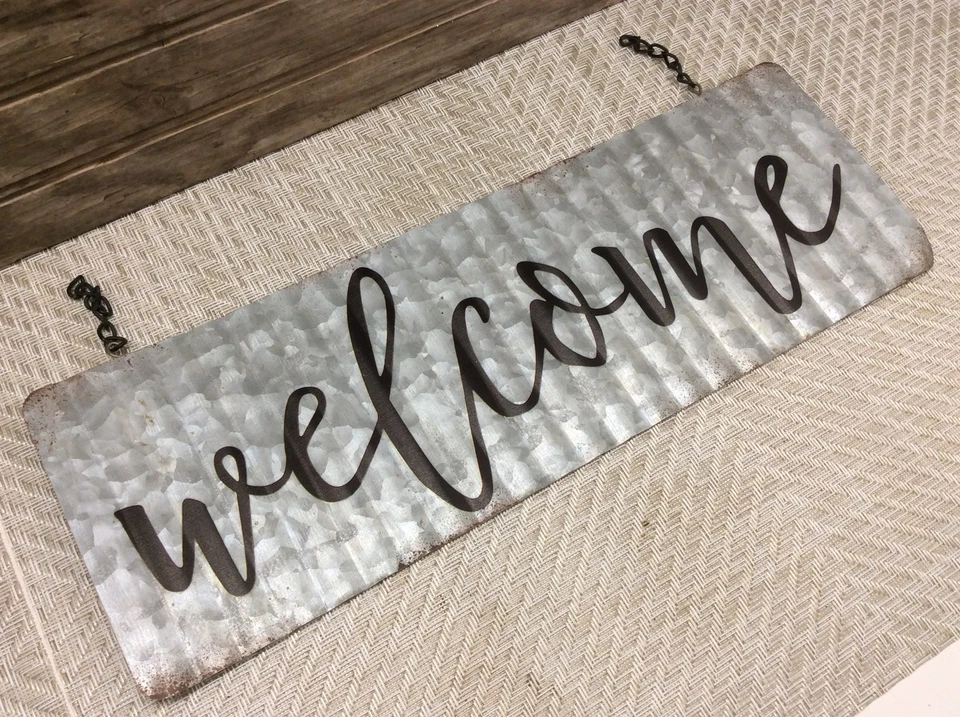RUSTIC Farmhouse Corrugated Tin Metal Hanging WELCOME Sign 13.75" X 4.75" - Image 2 of 4
