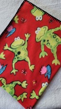New Fleece Fun Frogs on Red Print Baby Blanket w/ crocheted edge Approx 31"x37"