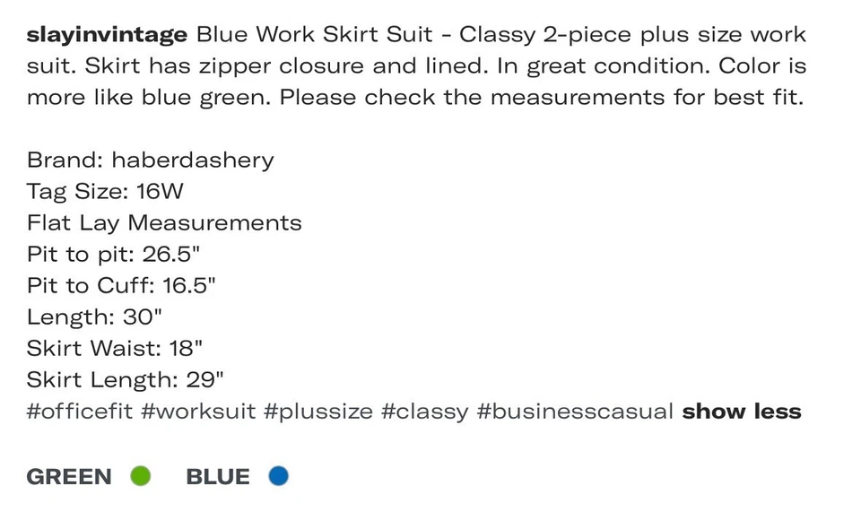 Traje Falda de Trabajo Vintage Azul Verde Talla Grande Talla 16W Foto 3 de 4