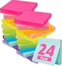 24 Pads Sticky Notes 3x3, Self-Stick Pads Bulk Bright Colors, School Supplies,