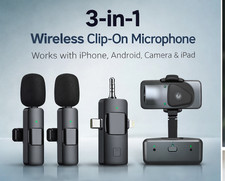 3-in-1 Wireless Clip-On Microphone for iPhone, Android, Camera  iPad   Mini Lav