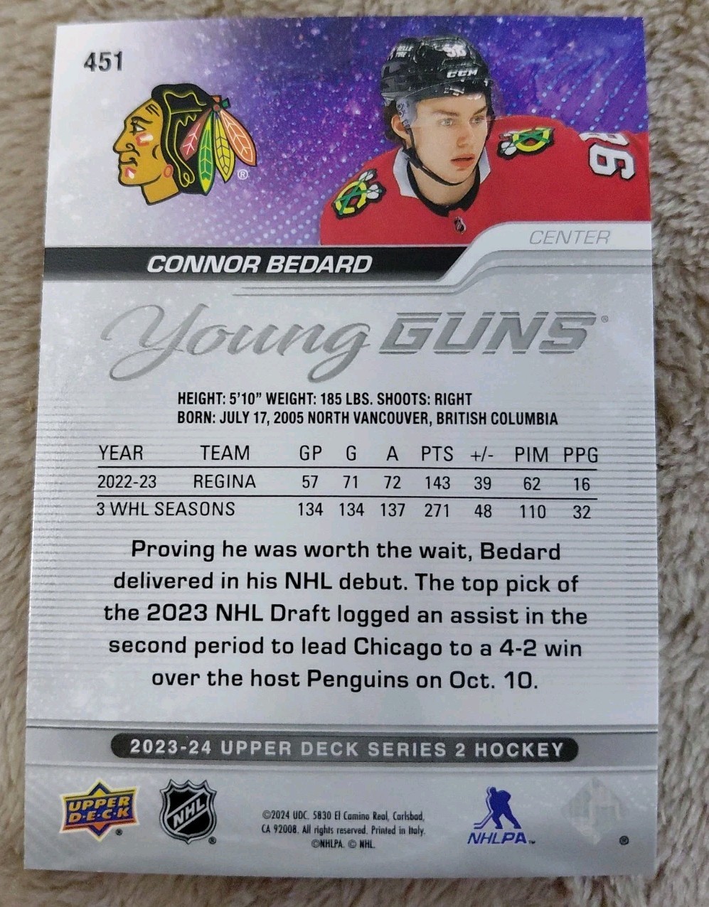 Connor Bedard BLACKHAWKS 2023-24 Upper Deck Young Guns RC view 2
