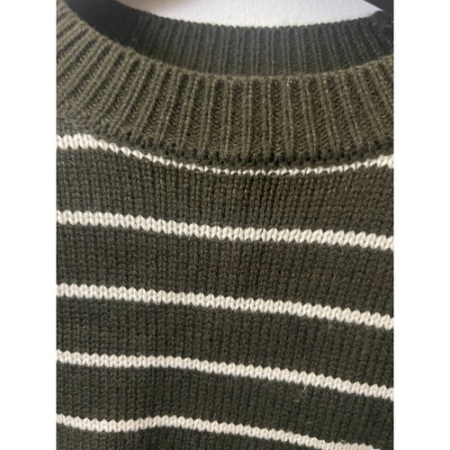 T Tahari Olive Green White Striped Crew Neck Knit Sweater Medium Boxy Cropped