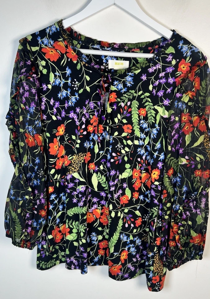 Blusa Campesina Maeve Anthropologie Jacquin Negra Floral Boho Cuello Atado Blusa Med Foto 3 de 4