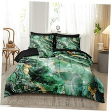 Marble Comforter Set 8 Pcs Emerald Green Bed in a Bag King Green Gold