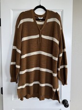 Terra & Sky Tunic Sweater Plus Size 1X Brown Striped Henley Knit Long Oversized