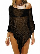 Women Sheer Crochet Mesh Shrug Cover Up Batwing Sleeve Boho Poncho Black