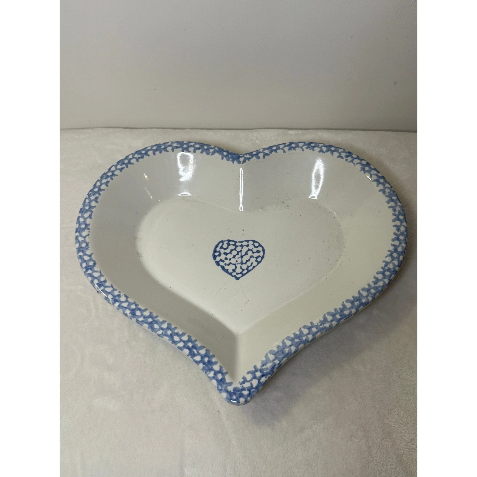 Vtg LILLIAN VERNON Stoneware Blue Spatter Sponge Heart Bowl Pie Pan Cottage Core
