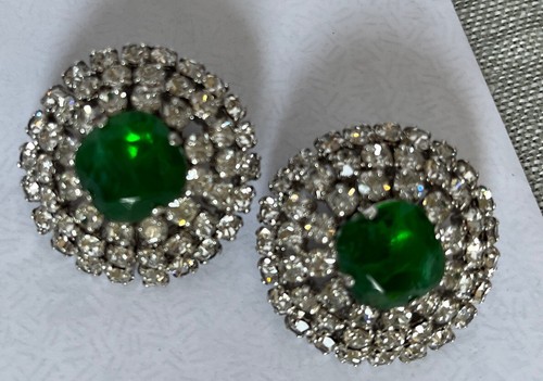 Vintage Christian Dior Germany 1” Earrings - Glass Emerald Rhinestone