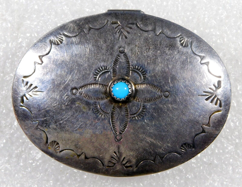 NAVAJO JC STERLING Stamped Domed TURQUOISE HANDMADE Vintage PILL BOX