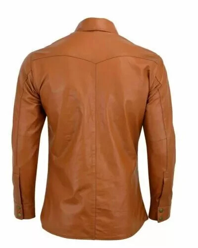 Men's Shirt Stylish New Tan Genuine Lambskin Leather Handmade Biker Motorcycle - Picture 2 of 6
