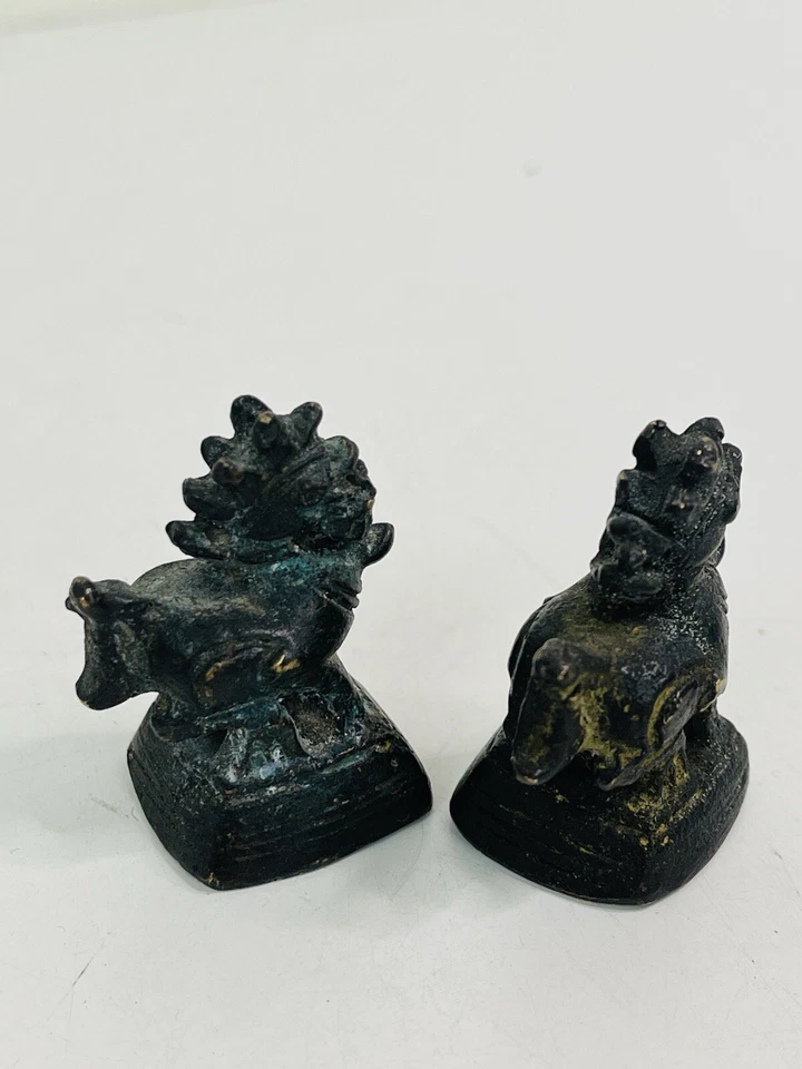 Pair of Antique Mini Miniature Brass Patina Foo Dogs - Image 4 of 4
