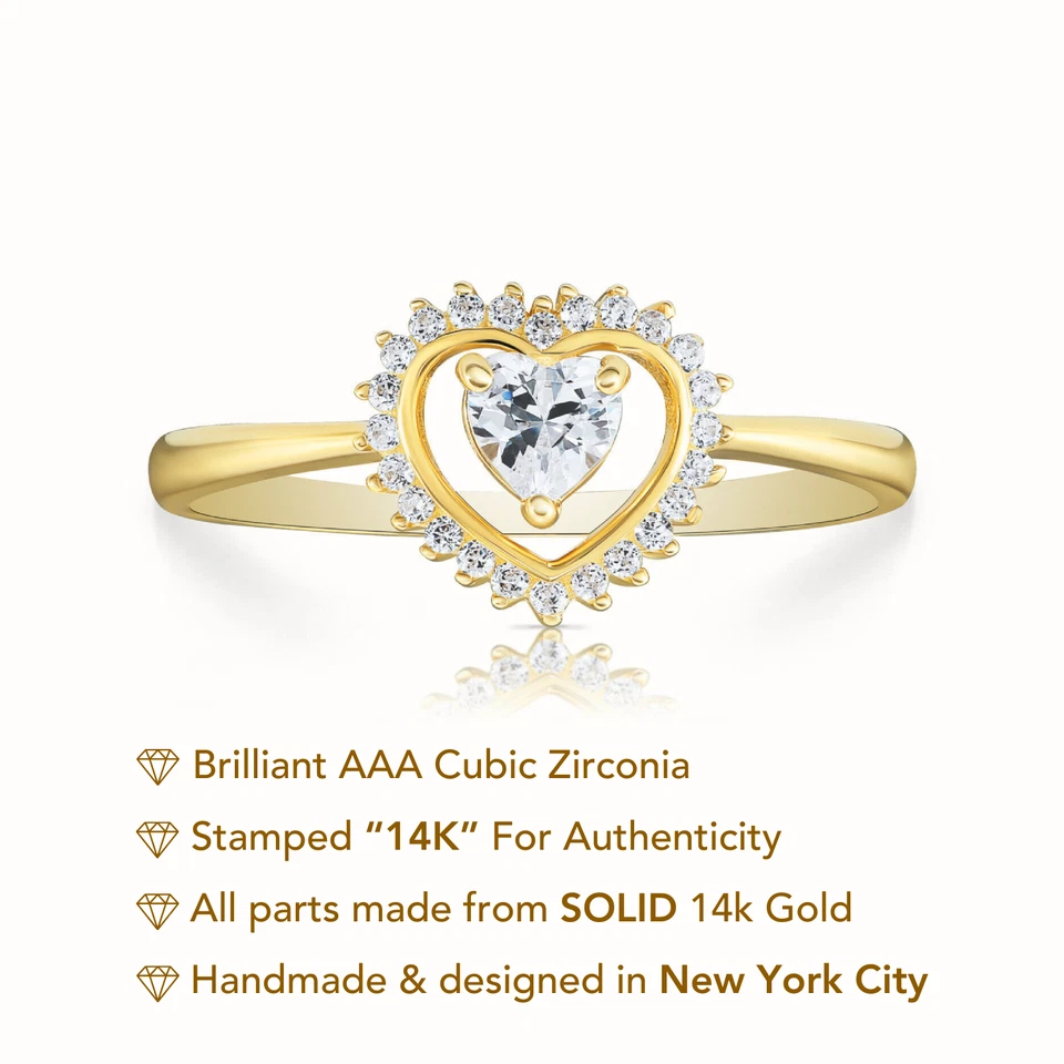 Delicado anillo de boda de compromiso solitario de oro amarillo macizo real de 14 quilates con halo en el corazón Foto 2 de 4