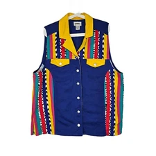Gitano Vintage Collared Vest Colorful Blue Size 18W 1980's