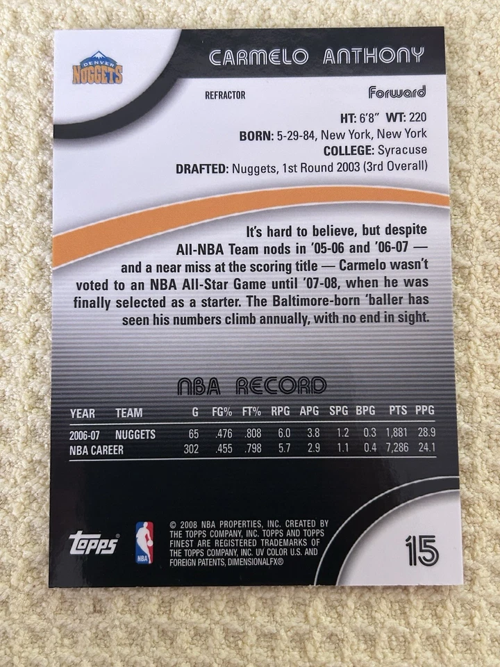 2007-08 Topps Finest Refractor Carmelo Anthony #15 - Image 2 of 2