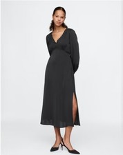 New GAP Women Satin Empire Midi Dress S M Black V-neck Long Sleeve Side Slit