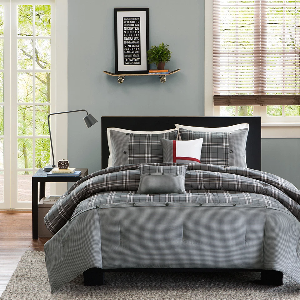 GREY PLAID COMFORTER SET : DARYL MODERN WHITE SLATE GRAY PIECED STRIPE - Image 3 of 4