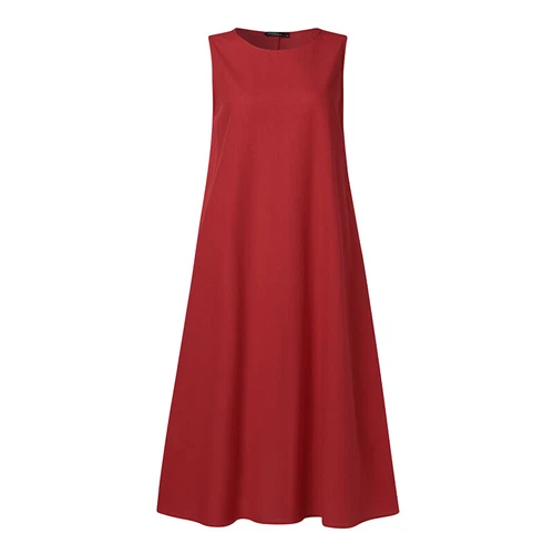 Langes ärmelloses Baumwoll-Leinen-Damenkleid Sommer Strand Freizeit Kaftan Kleid - Bild 9 von 17