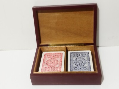 HOLZ UND LEDER SCHATULLE MIT 2 KARTENDECKS POKER MODIANO - VINTAGE 80er Jahre