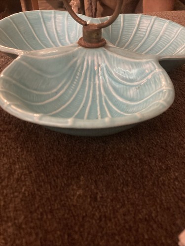 Vintage California Pottery Divided Dish Light Blue w/ Speckles And Metal Handle - Picture 9 of 13