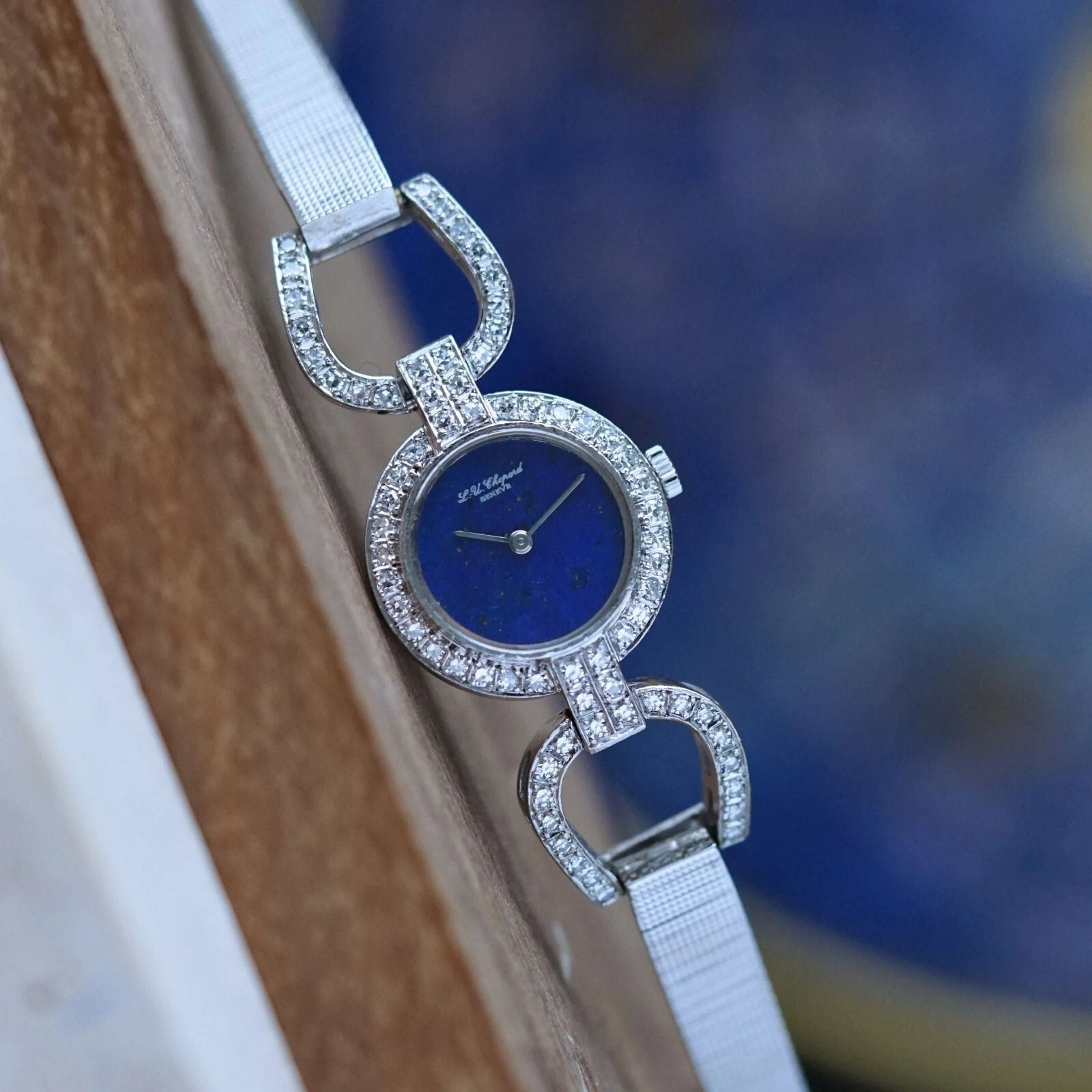 Chopard — Chopard Diamond Lapis Horsebit Stirrup 18k White Gold 20 mm 1970s